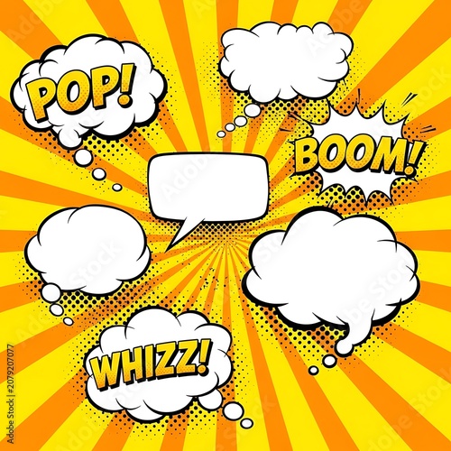 Colorful Comic Speech Bubble Set Exploding on Yellow Sunburst Background