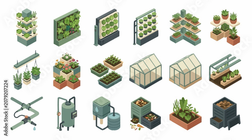 Bild auf Leinwand Isometric illustration of various hydroponic gardening systems and tools