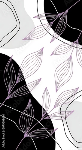 Abstract Purple Leaf Line Art Pattern on Black White and Gray Background