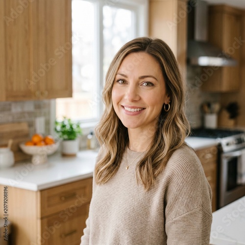 Cheerful portrait of hospitable woman standing in bright modern kitchen with wooden cabinets