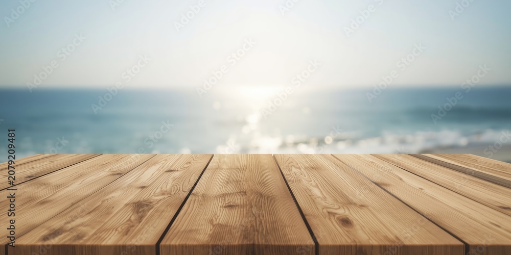 Fototapeta premium Wooden table with blurred ocean view in background