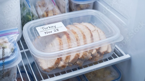 Sliced turkey is stored in a labeled plastic container inside a refrigerator. The scene represents meal preparation, food safety, leftovers and kitchen organization