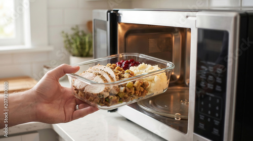 Hand placing a glass container with turkey and vegetables into an open microwave. Holiday leftovers represent Thanksgiving and Christmas meal reheating