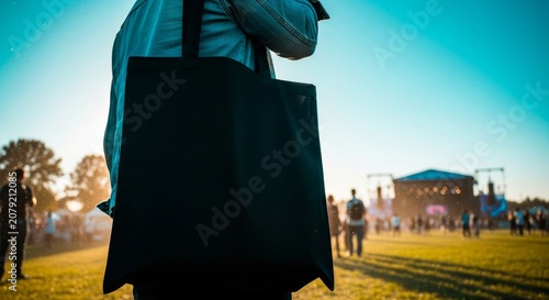 Minimalist Black Tote Bag Held by Person in Denim Jacket at Sunny Summer Festival