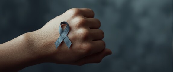 Hand with a blue awareness ribbon on the palm