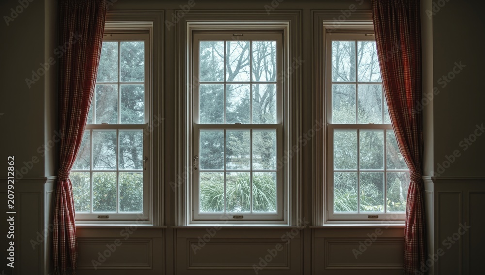 Fototapeta premium Three windows with red curtains overlooking a rainy garden