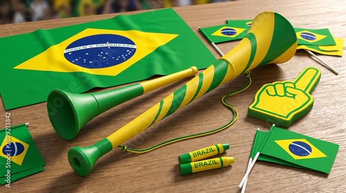 Brazil football fan accessories on wooden table, Brazilian national flag with vuvuzela horns, green and yellow sports supporter gear for soccer match