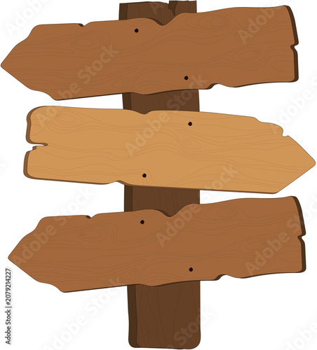 Photos Wooden Direction Signpost: A rustic wooden signpost with three blank, weathered planks points in different directions, offering a visual metaphor for choice, guidance, or decision-making
