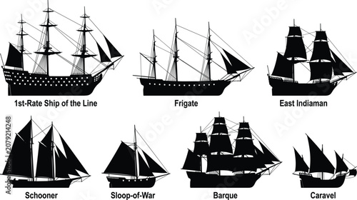 Photos Set of historical sailing ship silhouettes including frigate schooner caravel ba