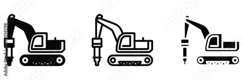 Foto WebExcavator with hydraulic breaker hammer icon set