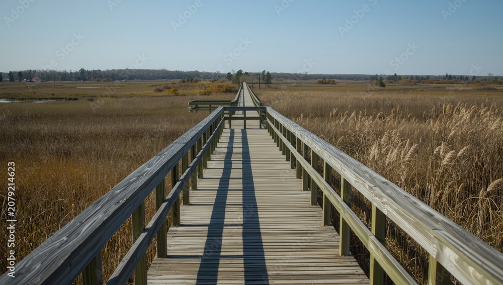 Obraz premium Wooden boardwalk stretching through marshland under clear blue sky