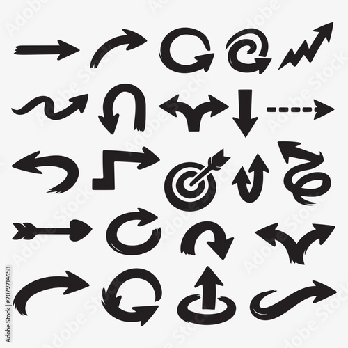 Freehand Arrow Silhouette Vector Icons – 20 Decorative Navigation Set