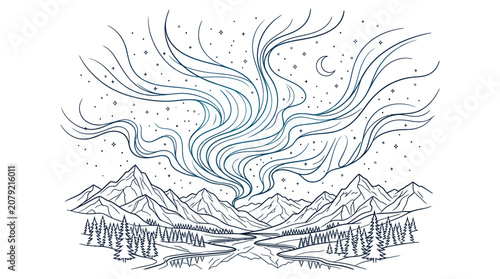 Quadro su tela Aurora Borealis Mountain Landscape Line Art