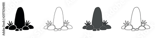 Fotografía Simple icon set featuring a standing stone with grass and pebbles in four styles