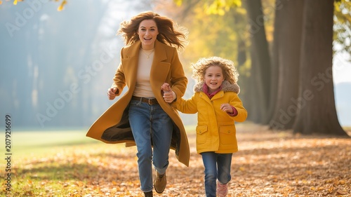 Joyful autumn walk with parent and child running together through golden forest path covered with vibrant fall leaves