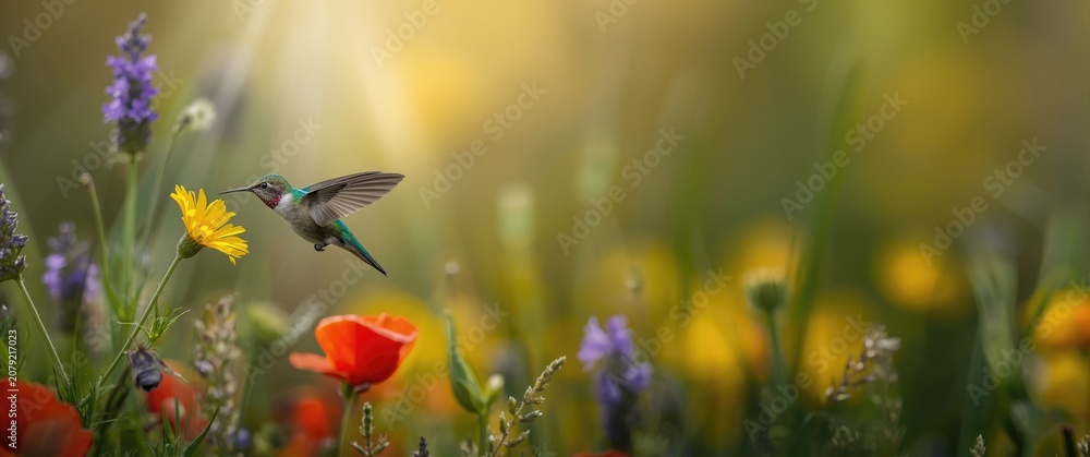Fototapeta premium Lively hummingbird drinking nectar amid blooming garden flowers