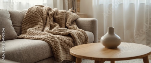 Relaxing home lounge featuring a cushy couch layered in textured knit blankets and a stylish vase atop the coffee table