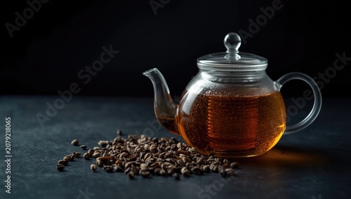 Glass teapot with brewed tea and coffee beans on a table