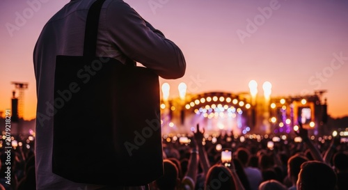 Person at Sunset Music Festival Holding Black Tote Bag Mockup with Bokeh Stage Background