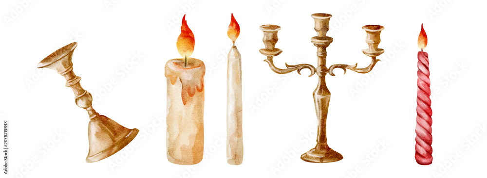 Fototapeta premium Christmas tree branches watercolor clipart candlestick