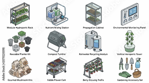 Photos Industrial and Agricultural Equipment and Tools Illustration Set.