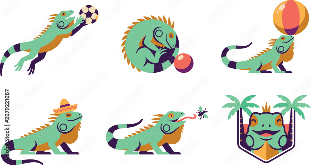 Obraz premium Stylized Iguana Vector Icon Set Featuring Lizard Characters Playing Sports, Eating Insects, Wearing a Sombrero, and Tropical Palm Tree Emblem Badges