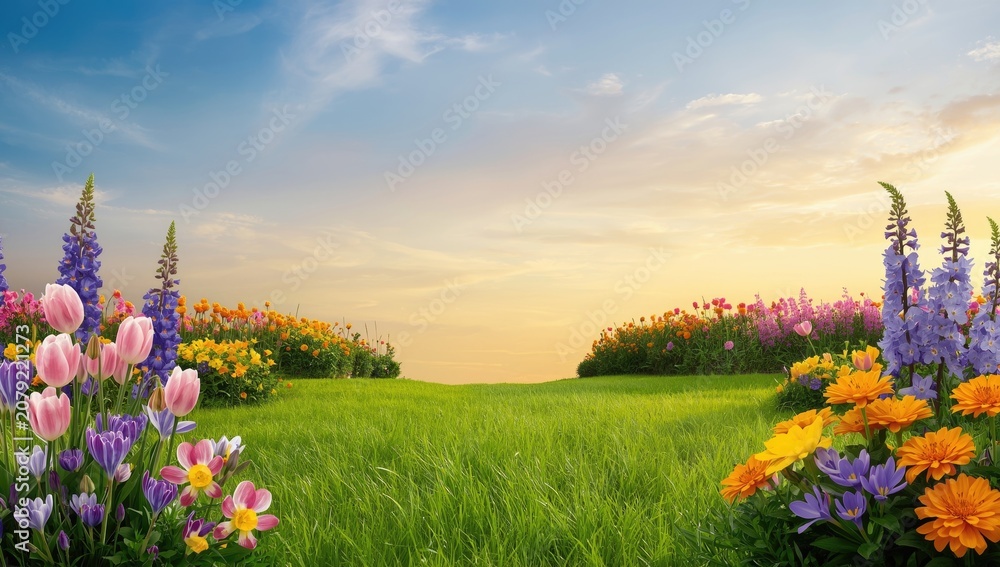 Fototapeta premium Spring flowers blooming on green lawn under a warm summer sky with vibrant colors