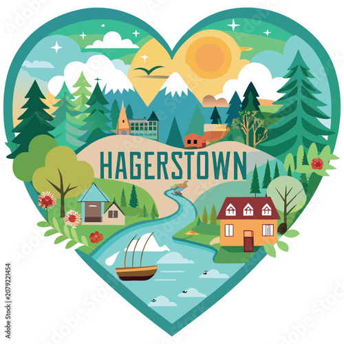 Heart Shaped Hagerstown Travel Vector Illustration featuring Scenic Mountain and River Landscape with Houses