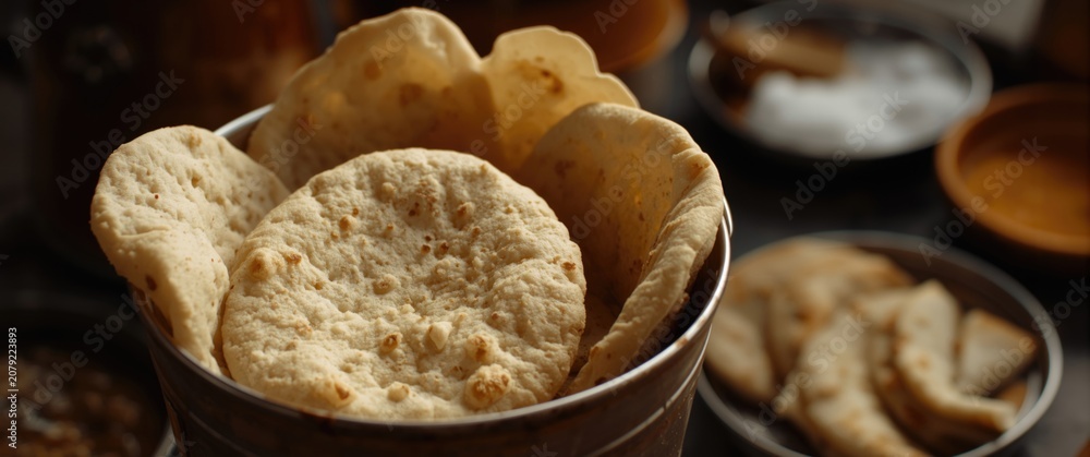 Fototapeta premium Freshly baked flatbreads in a metal container