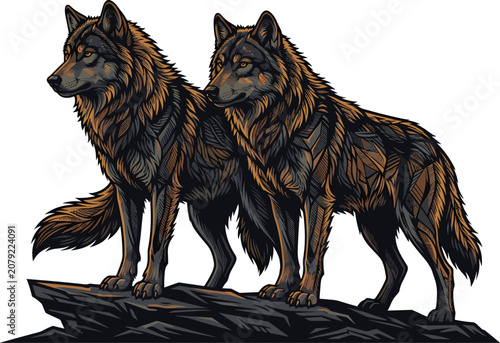 Foto Powerful Wolf Pack Vector Illustration Featuring Two Detailed Wild Wolves Standi
