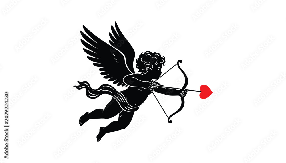 Fototapeta premium Cupid shooting red heart arrow with bow