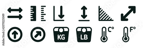 Fotografija Measurement Icon Set Featuring Ruler, Tape Measure, Caliper, Scale And Dimension Symbols For Engineering, Construction, Architecture And UI Design