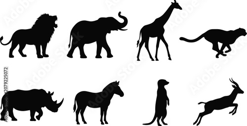 Canvas Print African safari animals black silhouettes vector icon set featuring roaring lion