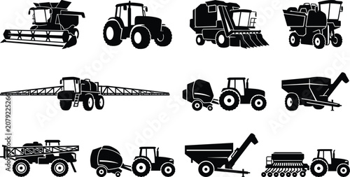 Schilderij op canvas Agricultural machinery black silhouettes vector icon set featuring tractor combi