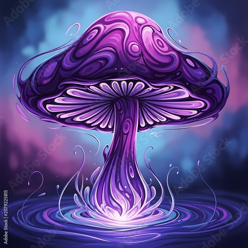 Glowing Purple Fantasy Mushroom Standing in Mystical Blue Forest