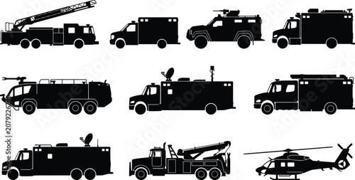 Canvastavla Emergency response vehicle silhouette set featuring fire truck ambulance rescue