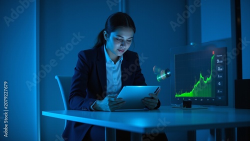 Businessman analyzing sales growth and economic trends on a tablet