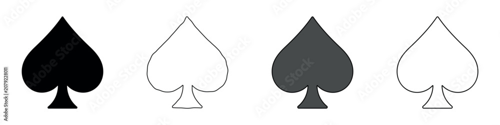 Fototapeta premium Four spade symbols in different styles: solid black, outline, dark gray, and outline