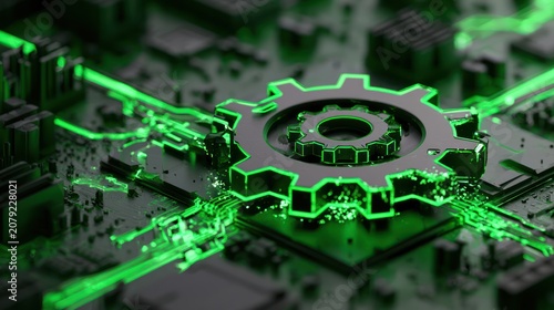 Close up of a dark gear with glowing green circuit board connections