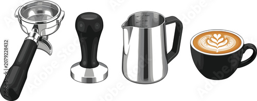Bild auf Leinwand Professional Barista Espresso Equipment Vector Set with Portafilter Coffee Tampe