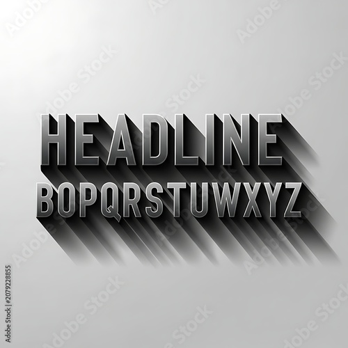 Metallic 3d Headline Alphabet Casting Long Shadows on Gray Background