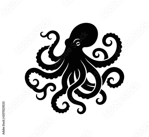 Black Silhouette of an Octopus with Curled Tentacles.
