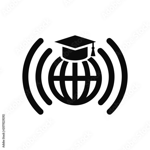 Global Education Concept: Globe with Graduation Cap and Wi-Fi Signal Waves