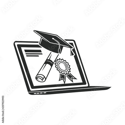 Graduation Cap and Diploma on Laptop with Academic Badge Flat Design Illustration