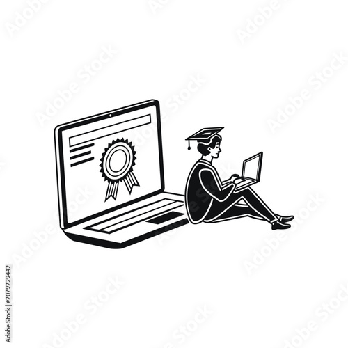 Student studying online with laptop and graduation cap in flat design illustration
