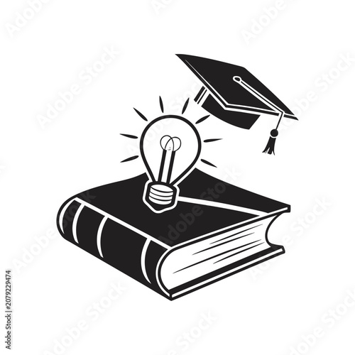 Illuminated Light Bulb Idea Above Stack of Books with Graduation Cap on White Background