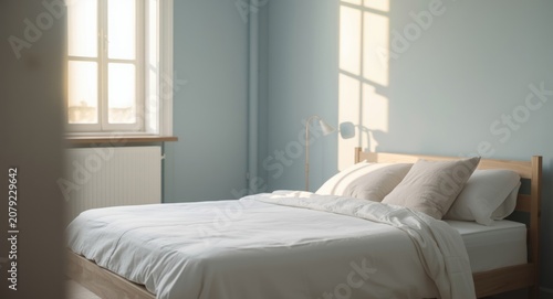 Minimalist bedroom interior featuring a white bed and calming blue walls with soft lighting