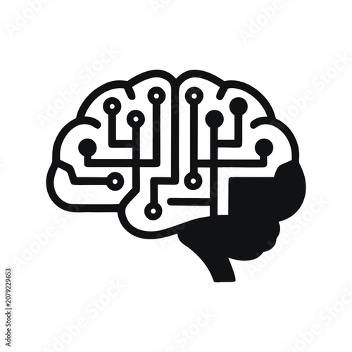Minimalist brain illustration with interconnected gears and puzzle pieces in flat design style