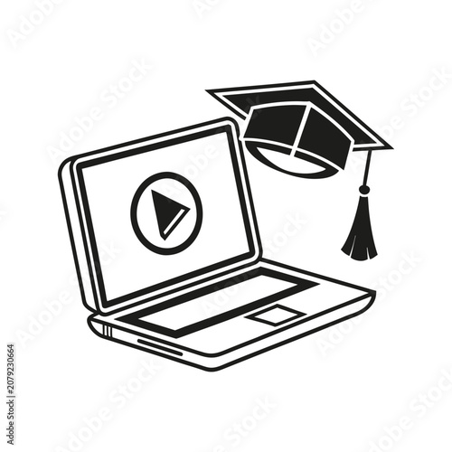 Flat lay illustration of open laptop with graduation cap on top for education and technology concept