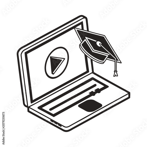 Open Laptop with Email Notification Icon on Screen in Flat Design Style